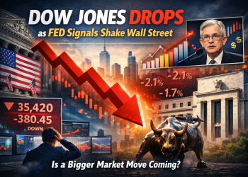 Dow Jones drops sharply after Federal Reserve signals, red downward arrow over Wall Street with stock charts and market decline graphics.