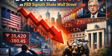Dow Jones drops sharply after Federal Reserve signals, red downward arrow over Wall Street with stock charts and market decline graphics.