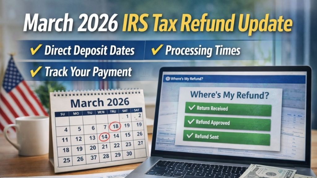 March 2026 IRS tax refund update showing direct deposit dates calendar, Form 1040, and refund tracking screen on laptop