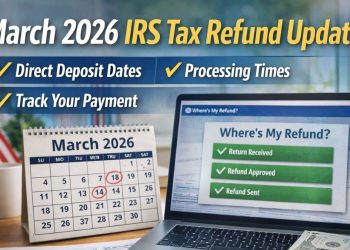 March 2026 IRS tax refund update showing direct deposit dates calendar, Form 1040, and refund tracking screen on laptop