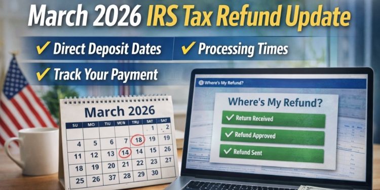 March 2026 IRS tax refund update showing direct deposit dates calendar, Form 1040, and refund tracking screen on laptop